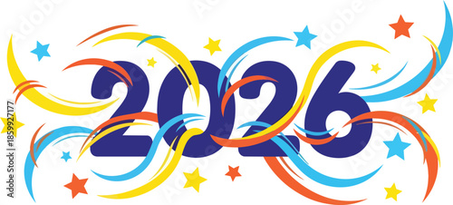 Vibrant illustration of happy new year 2026 celebration with colorful swirls and stars