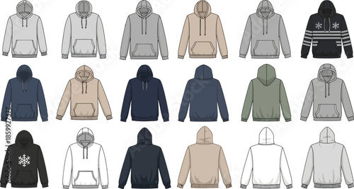 Collection of various colored hoodies with different designs and styles
