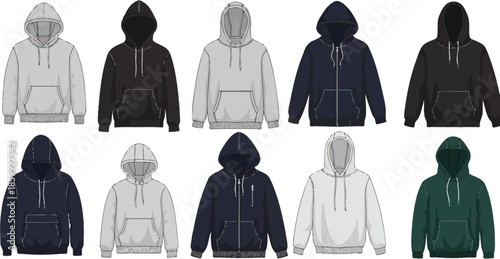 Collection of modern hoodies in various colors and styles for fashion design
