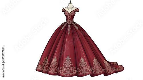Elegant crimson ball gown with intricate gold embroidery, perfect for grand occasions and festive celebrations, showcasing luxurious design and timeless style on a mannequin, ready for a special event