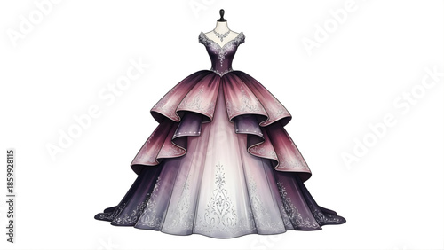 Exquisite fantasy ball gown illustration on an elegant mannequin, showcasing a stunning gradient of rich purples to soft white, embodying luxury fashion and a dreamlike vision