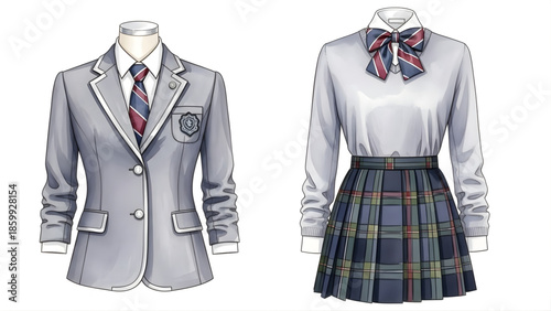 Formal Uniform Attire A Crisp Blazer and a Pleated Skirt Ensemble with a Striped Tie