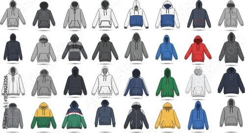 Collection of various colorful hoodies in different styles and colors