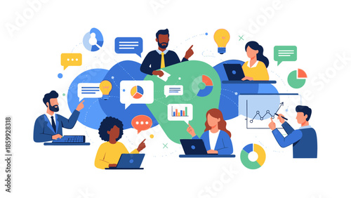 Illustration of diverse business team collaborating in a corporate meeting with laptops and graphs, conveying a productive mood with blue and green hues on a clean white background.