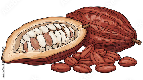 Detailed Cocoa Pods and Cacao Beans Illustration. Whole and cut fruit with raw seeds for chocolate.