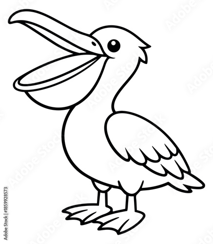 Cartoon line art illustration of a pelican depicting its beak open for children's educational content