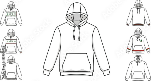 Detailed technical drawings of various hoodie designs and patterns