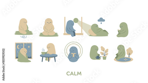 Collection of Islamic women in hijab practicing mindfulness and meditation.