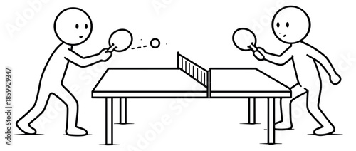Line art illustration of two stick figures playing ping pong depicting a game for sports and recreation