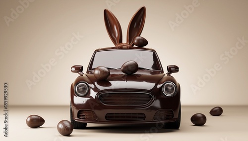 Chocolate car with chocolate easter bunny ears and easter chocolate eggs on cream color backgroud.