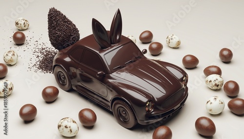 Chocolate car with chocolate easter bunny ears and easter chocolate eggs on cream color backgroud.