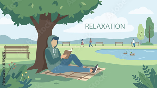 Relaxed Person Reading Outdoors Under a Tree in a Park.