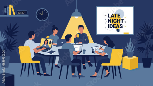 Group Of People Brainstorming At Night Meeting.