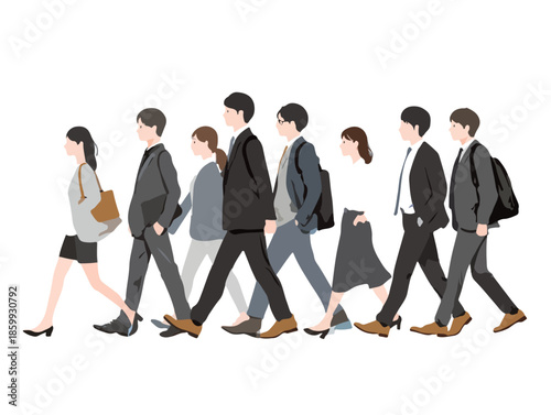 Grupo de oficinistas y profesionales caminando juntos en fila con fondo blanco aislado