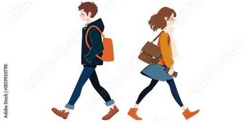 Ilustración de pareja joven caminando en direcciones opuestas con mochilas sobre fondo transparente