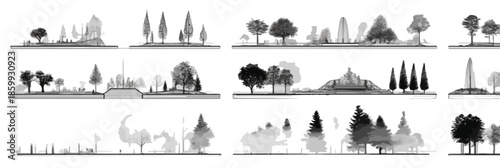 Colección de siluetas de paisajes naturales y árboles en escala de grises con fondo transparente.