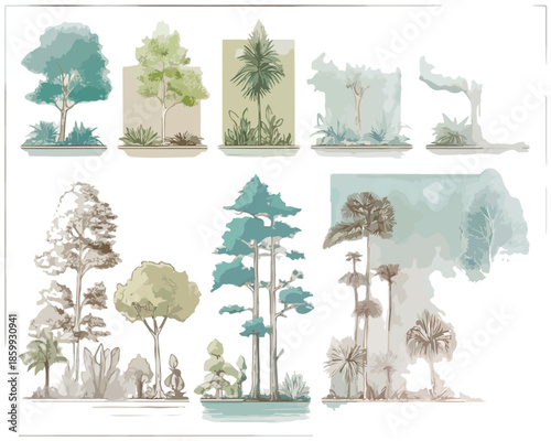 Conjunto acuarela de siluetas de árboles y vegetación botánica, diseño aislado sobre fondo transparente.