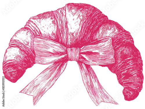 Ilustración de croissant dibujado a mano con un lazo rosa, ideal para diseño con fondo transparente.