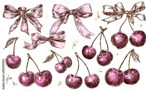 Conjunto de ilustraciones dibujadas a mano de cerezas maduras y lazos decorativos con fondo transparente.
