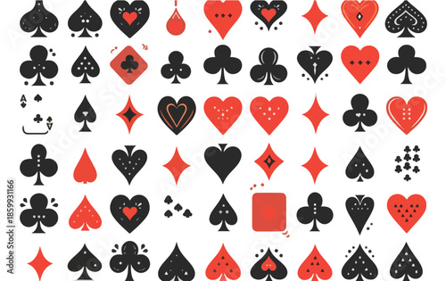 Colección de naipes y palos de póker en rojo y negro, diseño plano y aislado sobre fondo transparente.