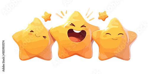 Grupo de tres estrellas doradas brillantes con expresiones alegres y divertidas sobre fondo transparente.