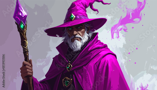 Mystical Wizard with Staff and Purple Robes Casting a Spell.