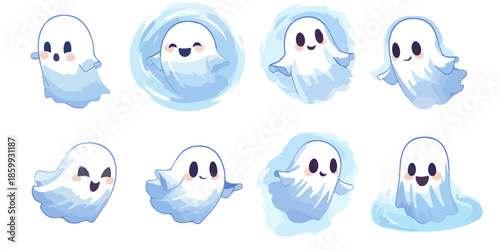 Conjunto de adorables ilustraciones de fantasmas blancos estilo acuarela con expresiones felices y fondo transparente.