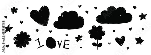 Conjunto de iconos dibujados a mano en blanco y negro con corazones, nubes, flores y estrellas sobre fondo transparente.