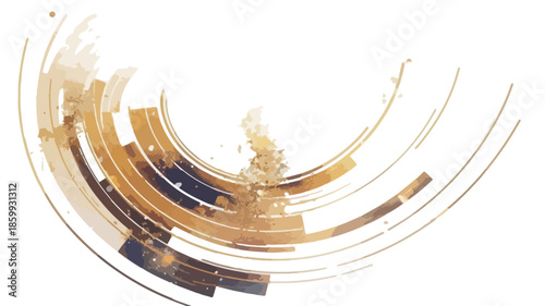 Diseño abstracto de semicírculo dorado con textura grunge y efecto de pincelada sobre fondo blanco