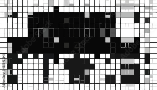 Patrón abstracto de píxeles en escala de grises con diseño modular y fondo transparente para diseño gráfico.