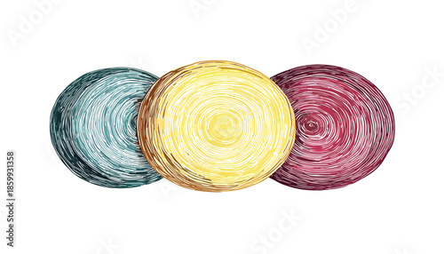 Tres círculos concéntricos pintados a mano en tonos azul verdoso, amarillo y borgoña sobre fondo blanco.