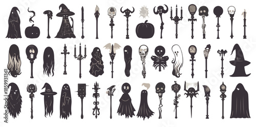 Colección de siluetas negras de bastones mágicos, fantasmas y sombreros de bruja sobre fondo transparente.