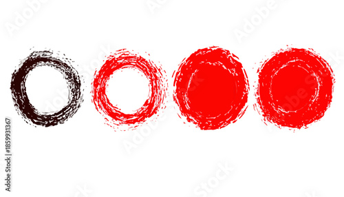 Cuatro círculos de trazo grueso en negro y rojo, estilo pincelada japonesa sobre fondo blanco.
