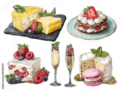 Variedad de postres gourmet, quesos, fresas y copas de champán dibujados con fondo transparente.