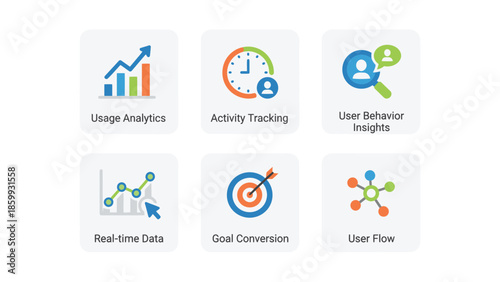 Collection of Six Business Analytics and Data Visualization Icons.