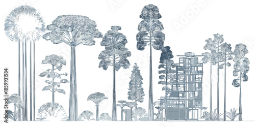 Ilustración arquitectónica de un edificio moderno integrado en la exuberante vegetación de un bosque tropical o selva.