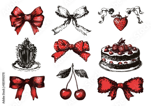 Colección de ilustraciones dibujadas a mano de lazos rojos, cerezas y un pastel, ideales para diseño.