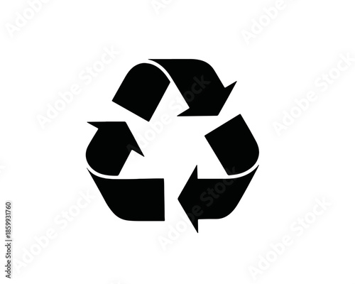 Símbolo universal de reciclaje en negro, icono de flechas entrelazadas sobre fondo blanco transparente.