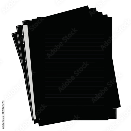 Pila de cuadernos básicos con cubierta negra y hojas rayadas, aislados sobre fondo blanco.