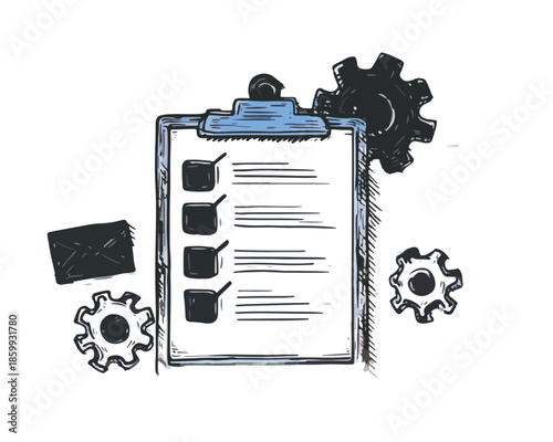 Portapapeles con lista de verificación y engranajes dibujados a mano, concepto de gestión y proceso sobre fondo blanco.