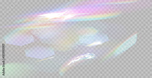 Rainbow reflection light prism effect on light gray background. Hologram glass dispersion, crystal flare leak shadow overlay.