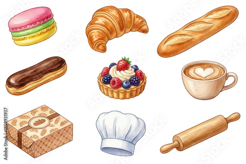 Watercolor Pastry Collection: Croissant, Macaron, and Baking Set