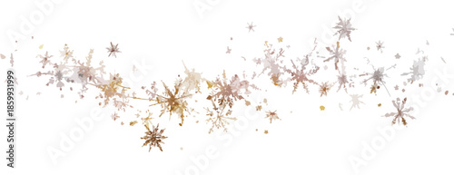 Decorazione festiva con fiocchi di neve stilizzati oro e argento su sfondo trasparente per Natale o Capodanno.