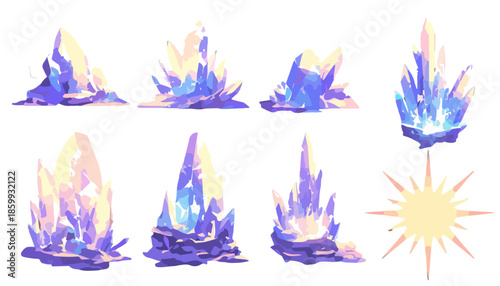 Set di illustrazioni stilizzate di cristalli luminosi viola e blu con effetto sfondo trasparente.