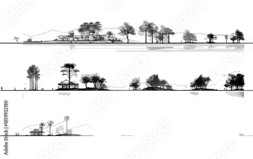 Diverse silhouette di alberi e vegetazione su sfondo bianco, disegno tecnico vettoriale con trasparenza.