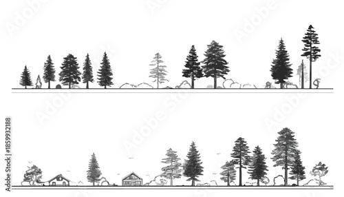 Illustrazione vettoriale di sagome di alberi e vegetazione con sfondo trasparente, stile disegno tecnico.