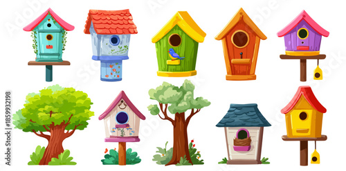 Collezione di casette per uccelli colorate e alberi stilizzati su sfondo bianco, perfette per la primavera.