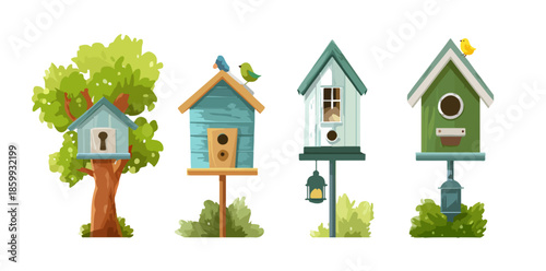 Quattro casette per uccelli colorate e stilizzate con uccellini, ideali per sfondo trasparente.