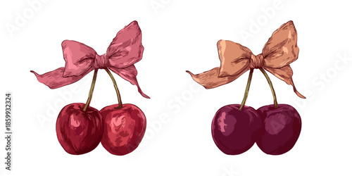 Due ciliegie rosse e viola con fiocchi decorativi, illustrazione vettoriale su sfondo trasparente.