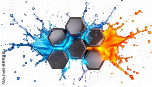 Dynamic Hexagons with Contrasting Blue and Orange Liquid Splashes